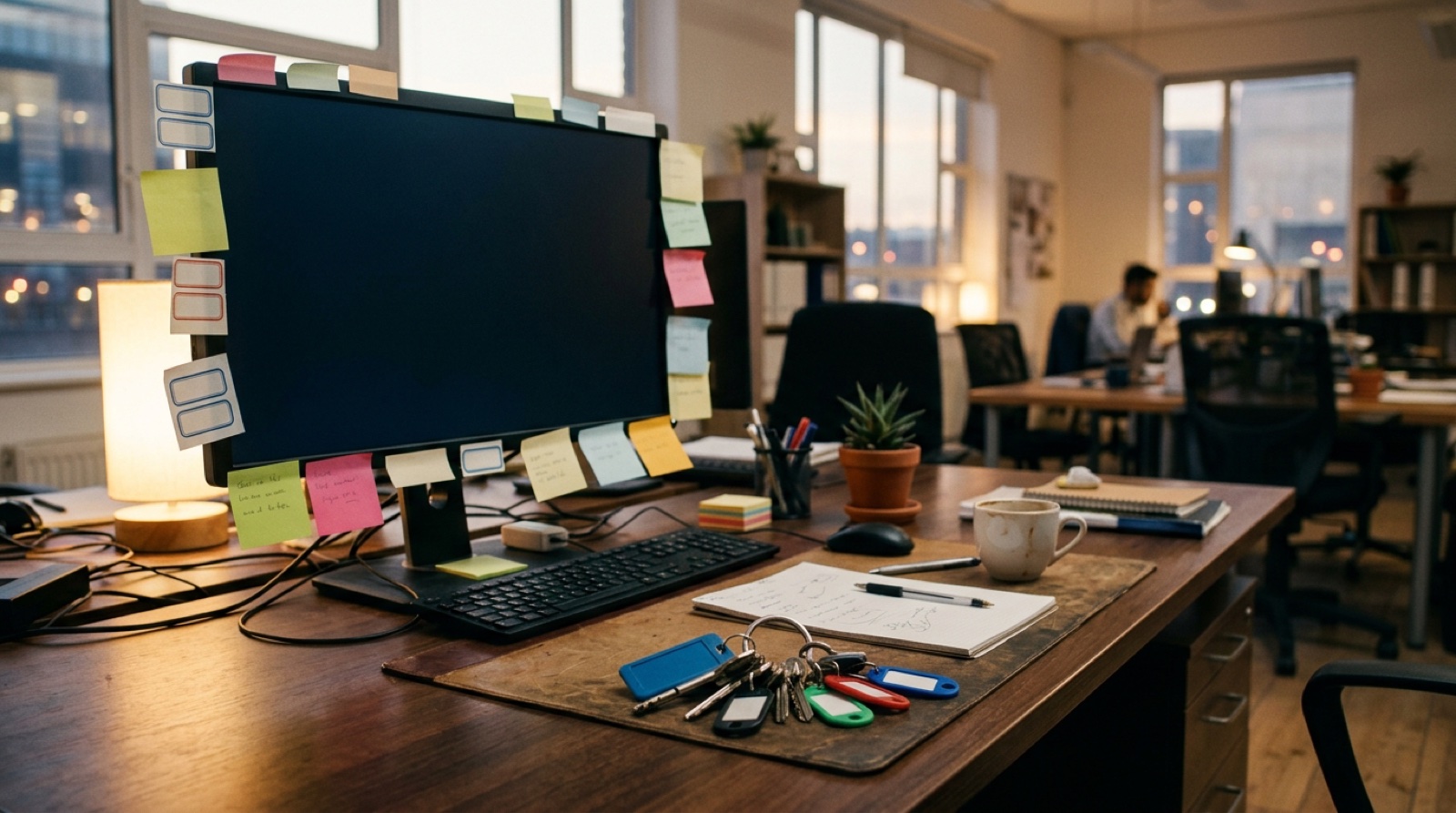 An open-plan office late in the day, one monitor fringed with sticky notes and a ring of labelled keys and access fobs left on the desk