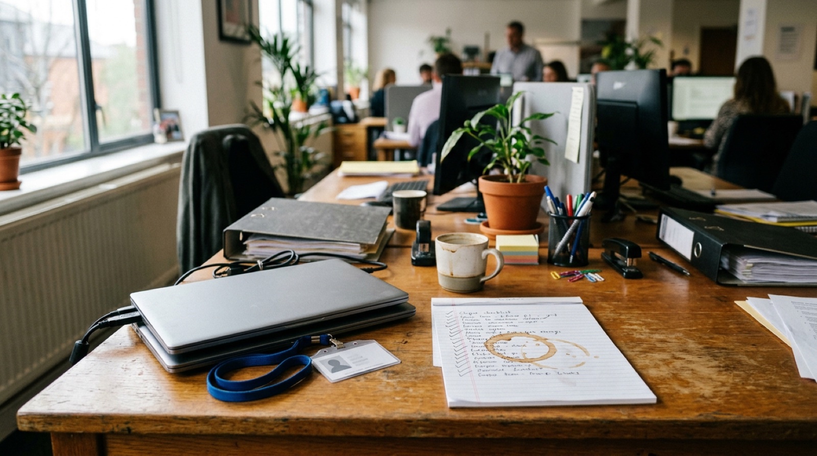 An office manager's desk on somebody's last day: a returned laptop and badge on the corner, a handwritten checklist half ticked off under a coffee ring