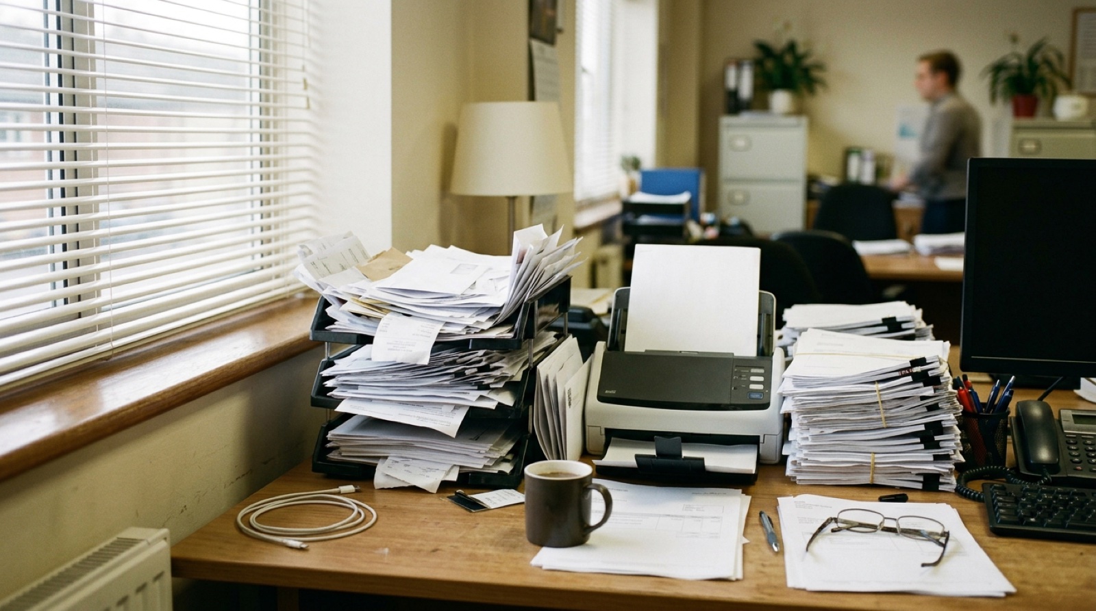 An accounts office just after opening, an overflowing in-tray and a desktop scanner beside stacks of invoices, daylight through half-closed blinds