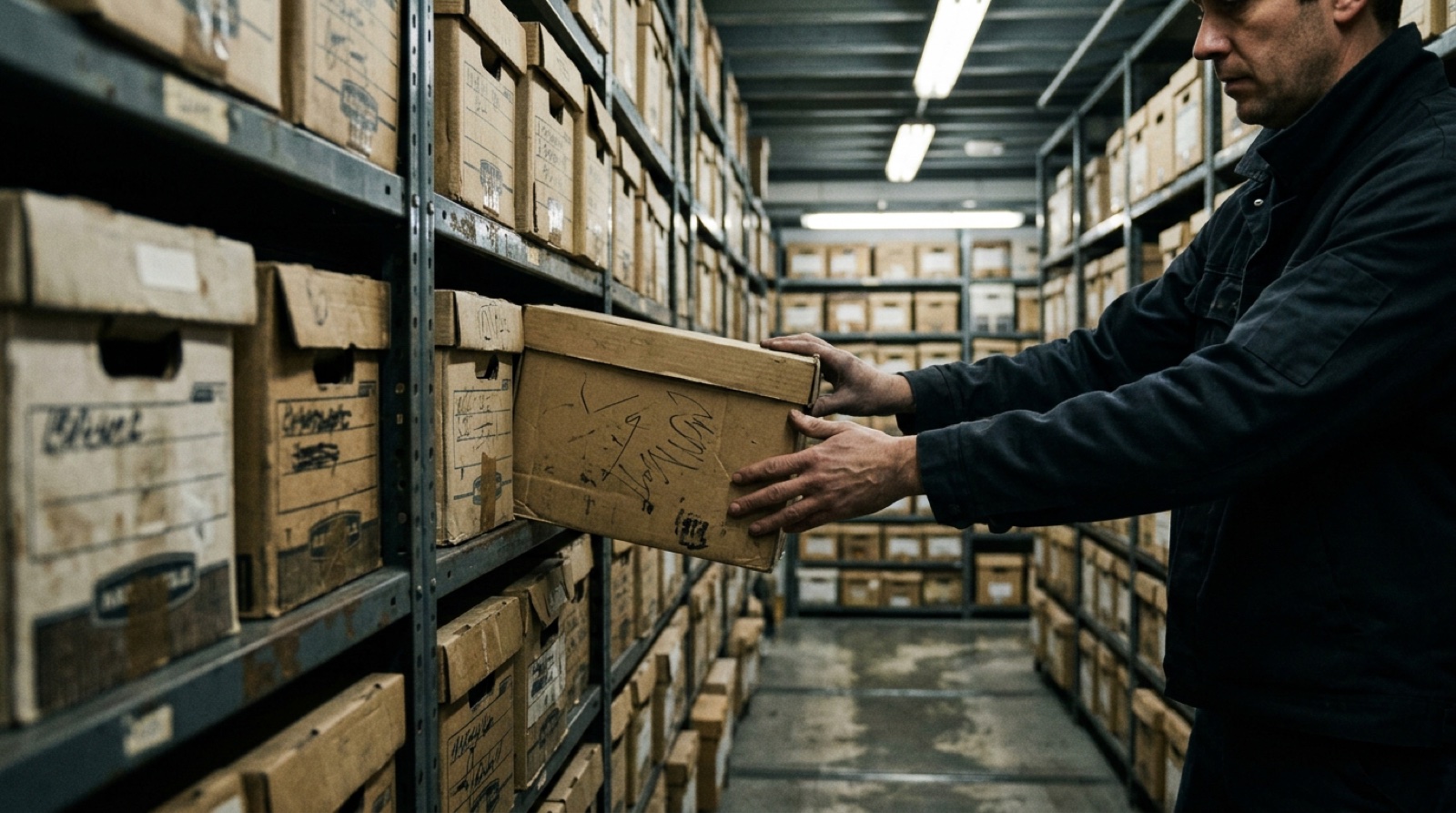 A records room lit by strip lights, hands sliding a numbered archive box back onto steel shelving stacked with more of them