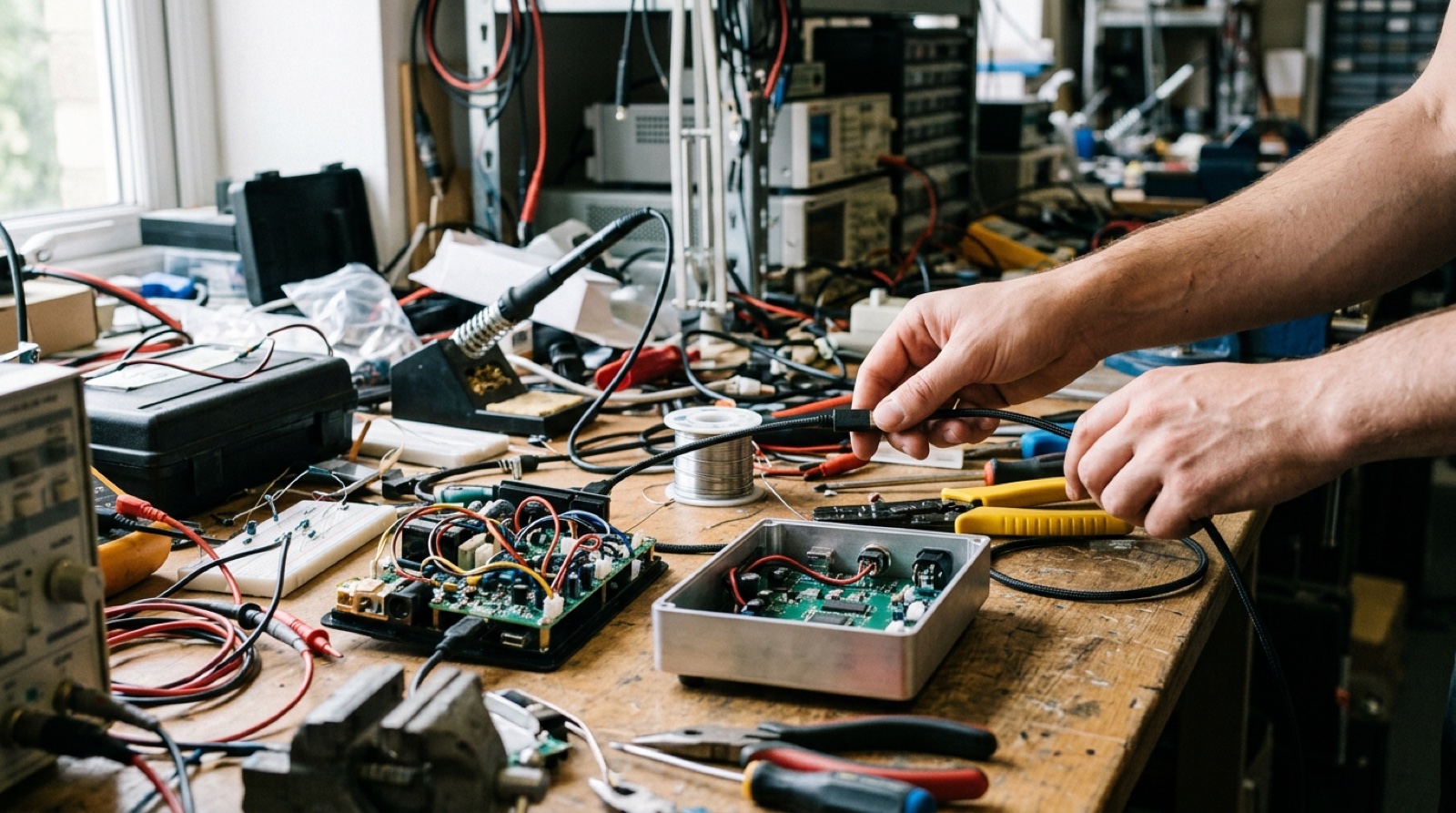 Two half-built devices open on a cluttered electronics bench, hands reaching past strippers and solder for a USB cable
