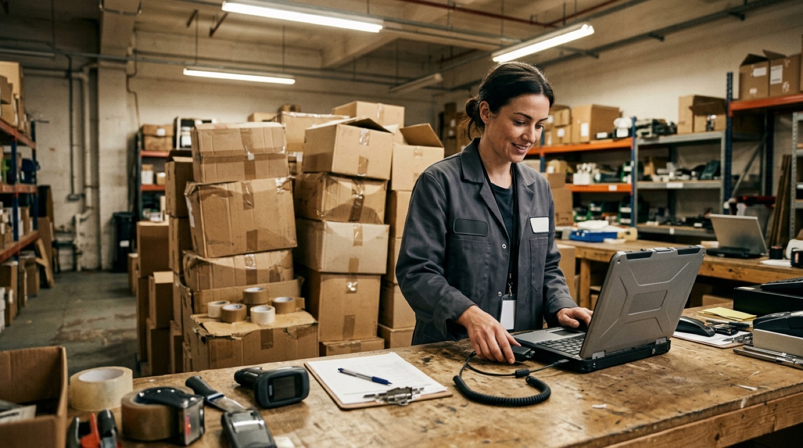 A stockroom counter under strip lights, a colleague in a work coat plugging a small device into a laptop with cardboard boxes stacked behind