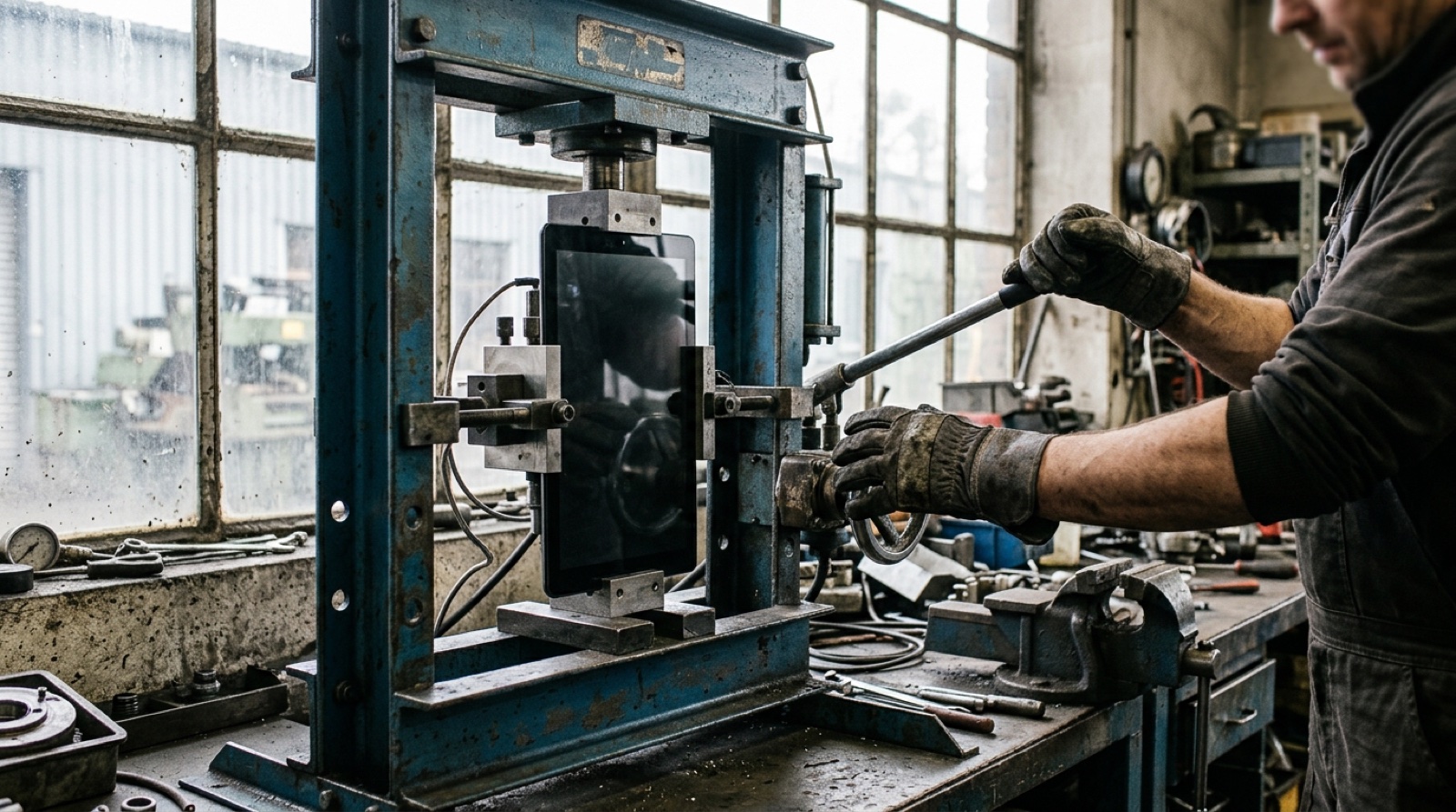 A bare touchscreen panel clamped to a workshop press with an operator's gloved hands on the machine beside it, daylight through dusty glazing