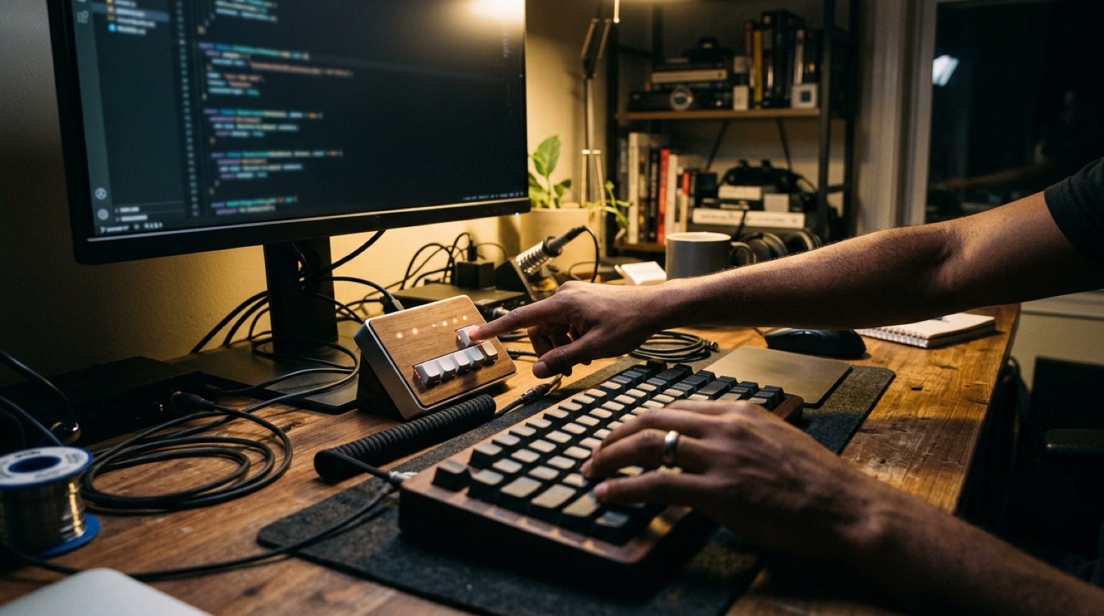 A developer's desk late at night, a hand reaching past the keyboard to press a button on a small panel propped against the monitor stand