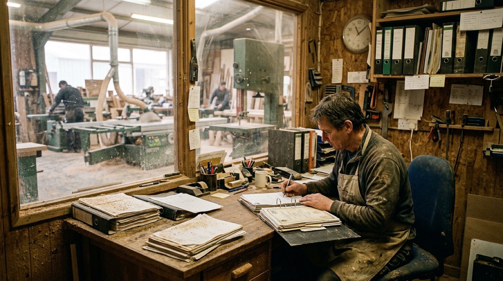 The small office of a joinery workshop, sawdust on the paperwork, where someone logs subcontractor certificates into a folder while machines run behind the glass