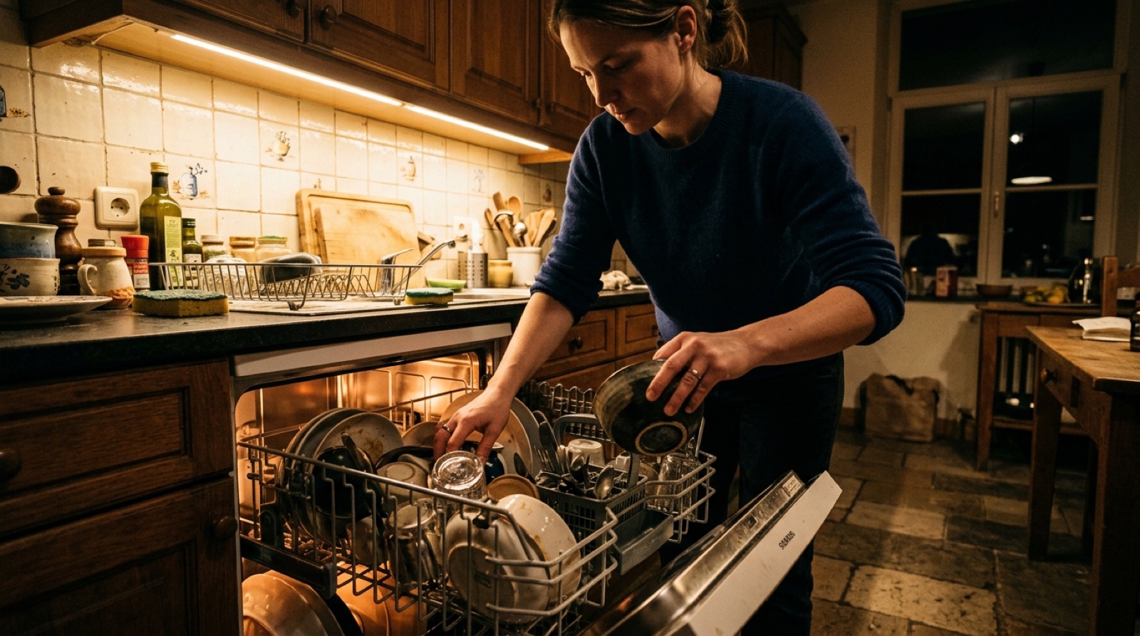 Hands loading a dishwasher in a Belgian kitchen late at night, only the under-cabinet light on