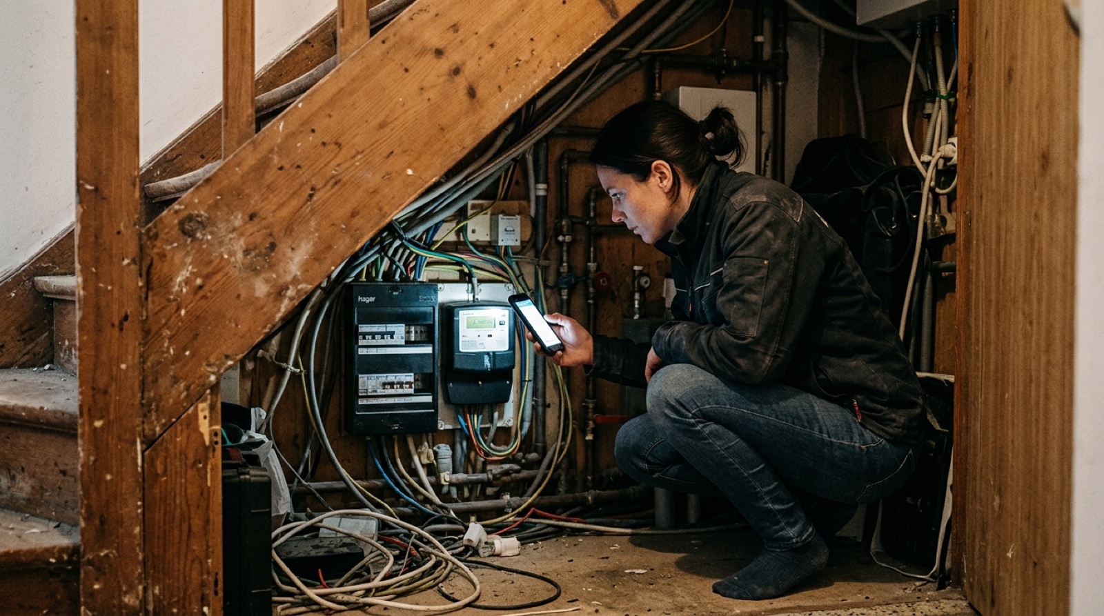 A Belgian meter cupboard open under the stairs, someone crouching with a phone torch to read the digital meter, cables and fuse box around it