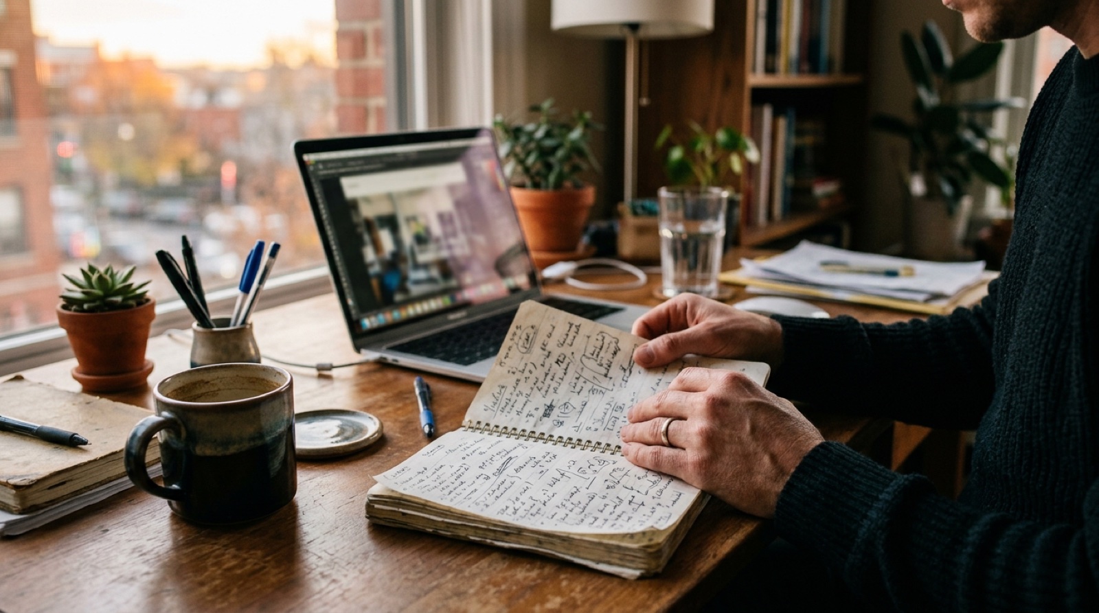 A freelancer's desk late on a Friday, hands paging back through a notebook of scribbled half-hours, coffee cup and open laptop in low afternoon light