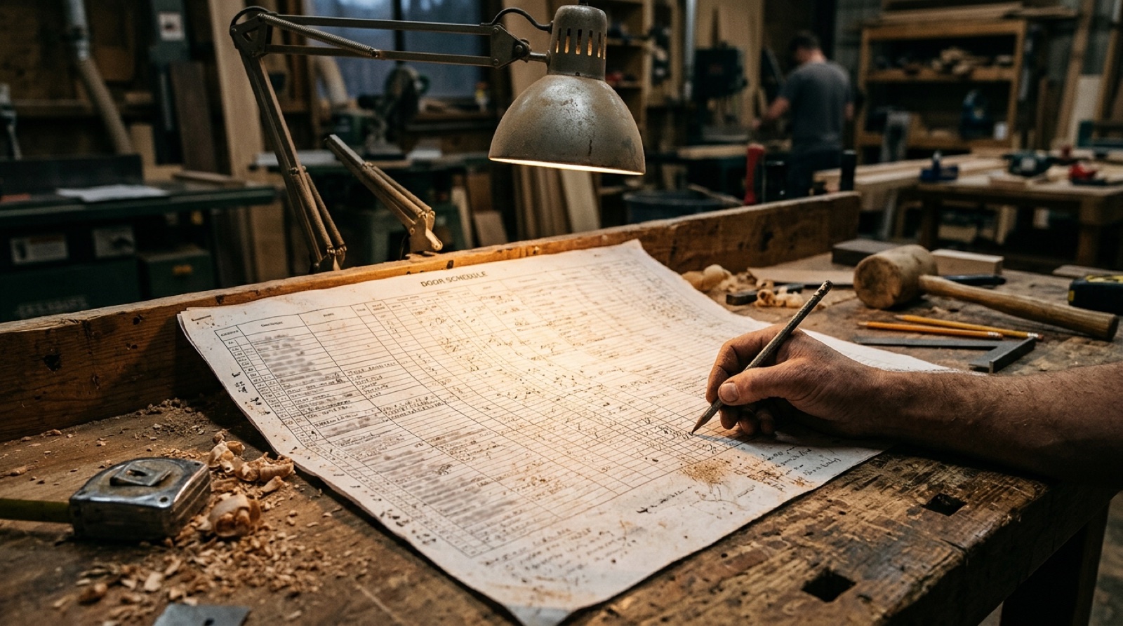 A printed door schedule spread across a joinery bench under a clamp lamp, a hand with a pencil halfway down the rows, sawdust across the paper