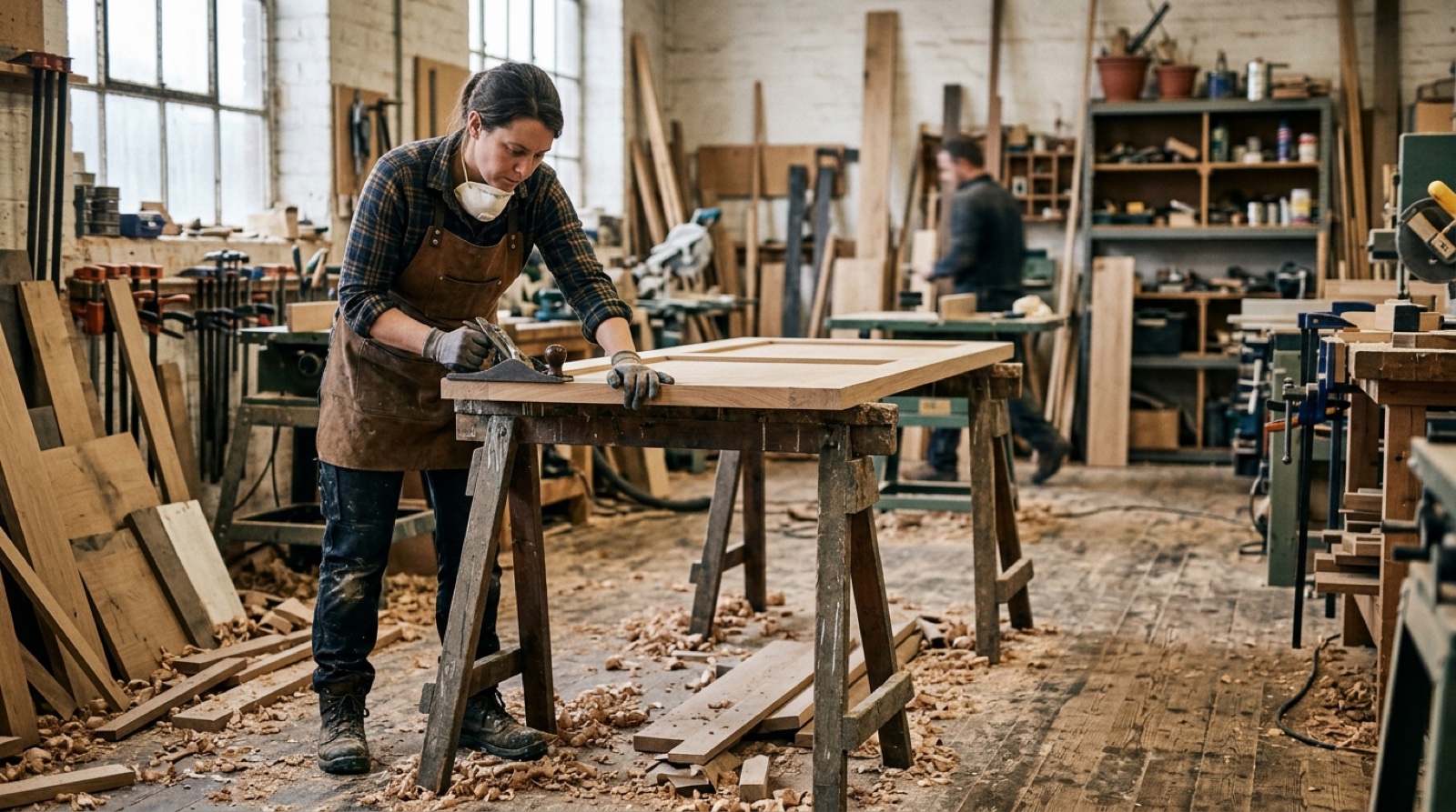 A joiner steadying a door blank on trestles in a busy workshop, offcuts and shavings around their boots