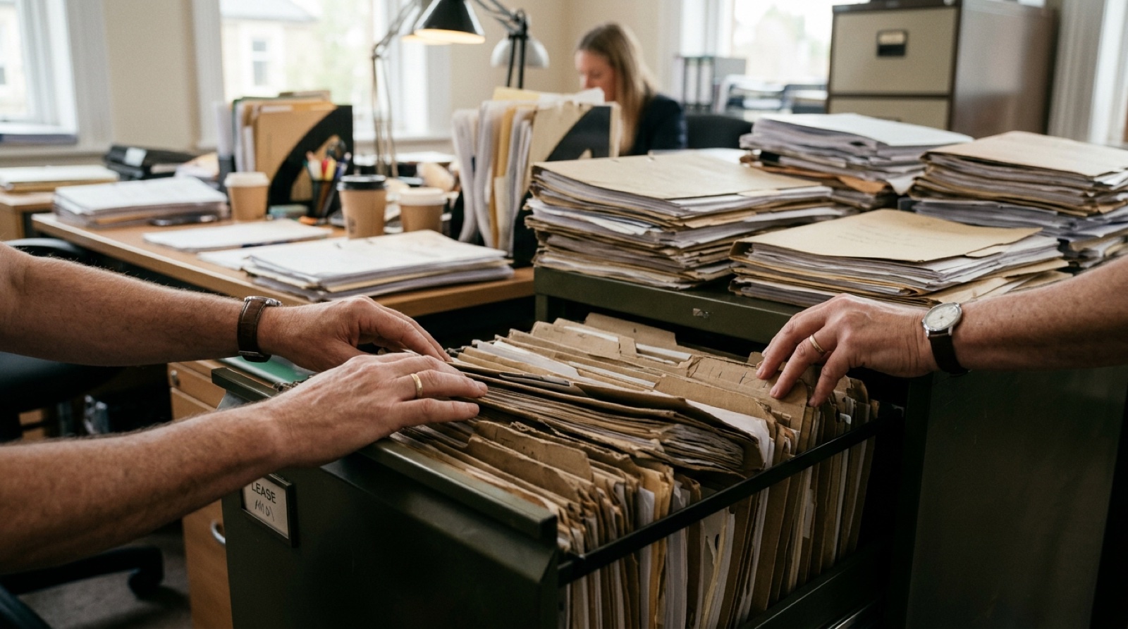 A letting agent's office, hands walking through an overfull filing drawer of lease folders, more paper stacked on the desk behind