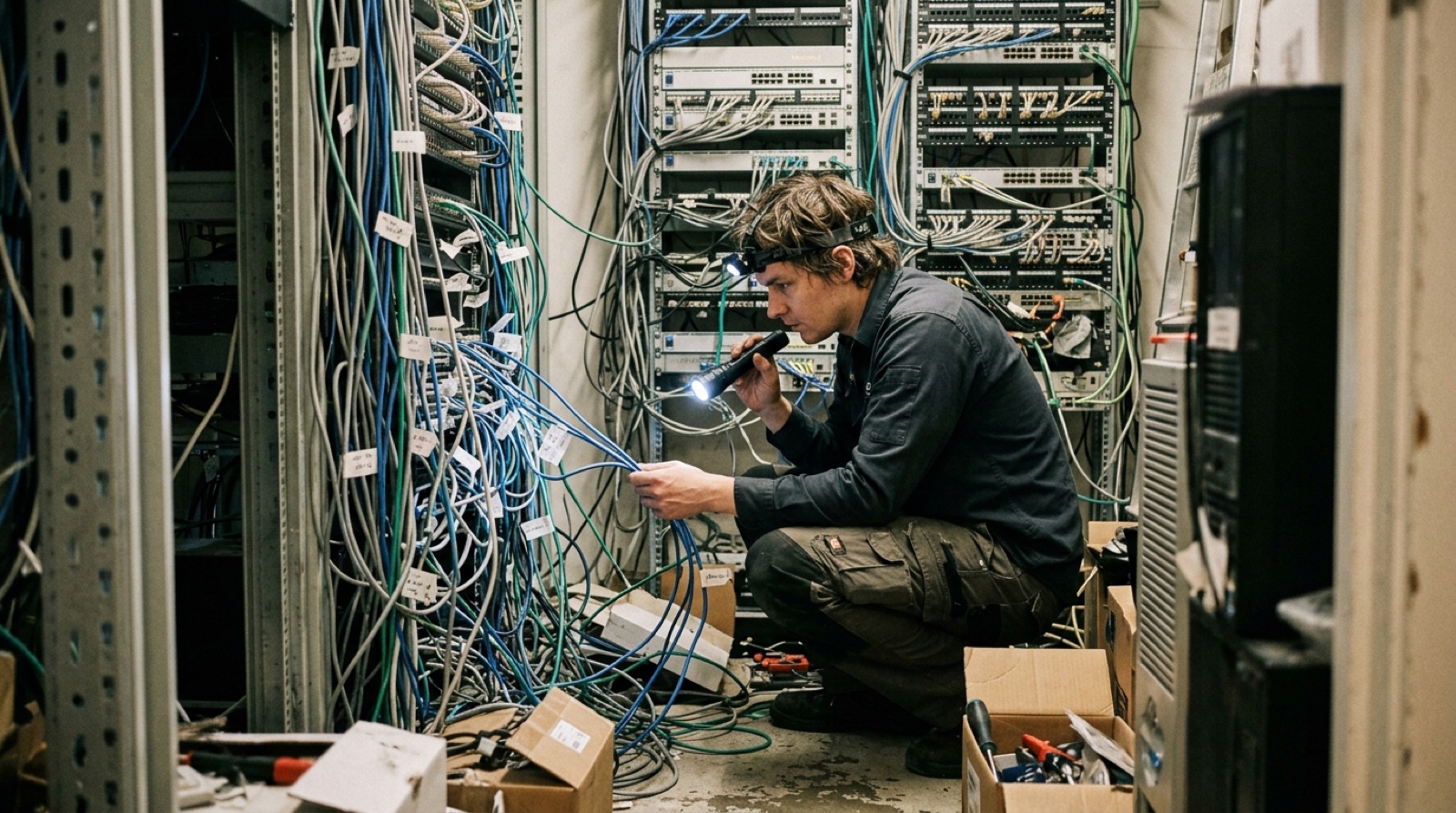 A cramped server closet with a dozen mismatched patch panels and hand-labelled cables, someone crouched with a torch tracing one of them