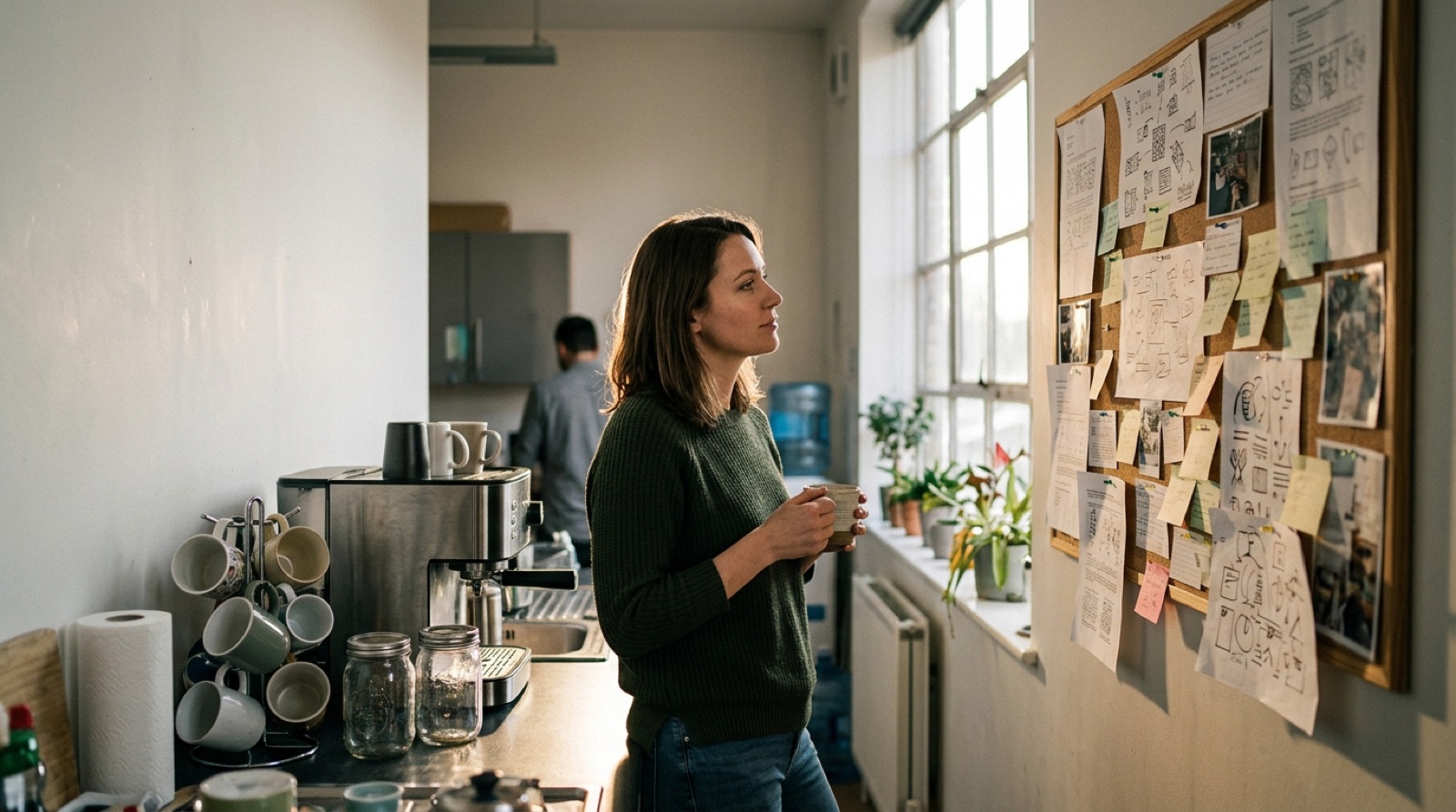 A colleague pausing with a coffee at an office kitchen noticeboard covered in printed sheets and sticky notes, morning light from a window