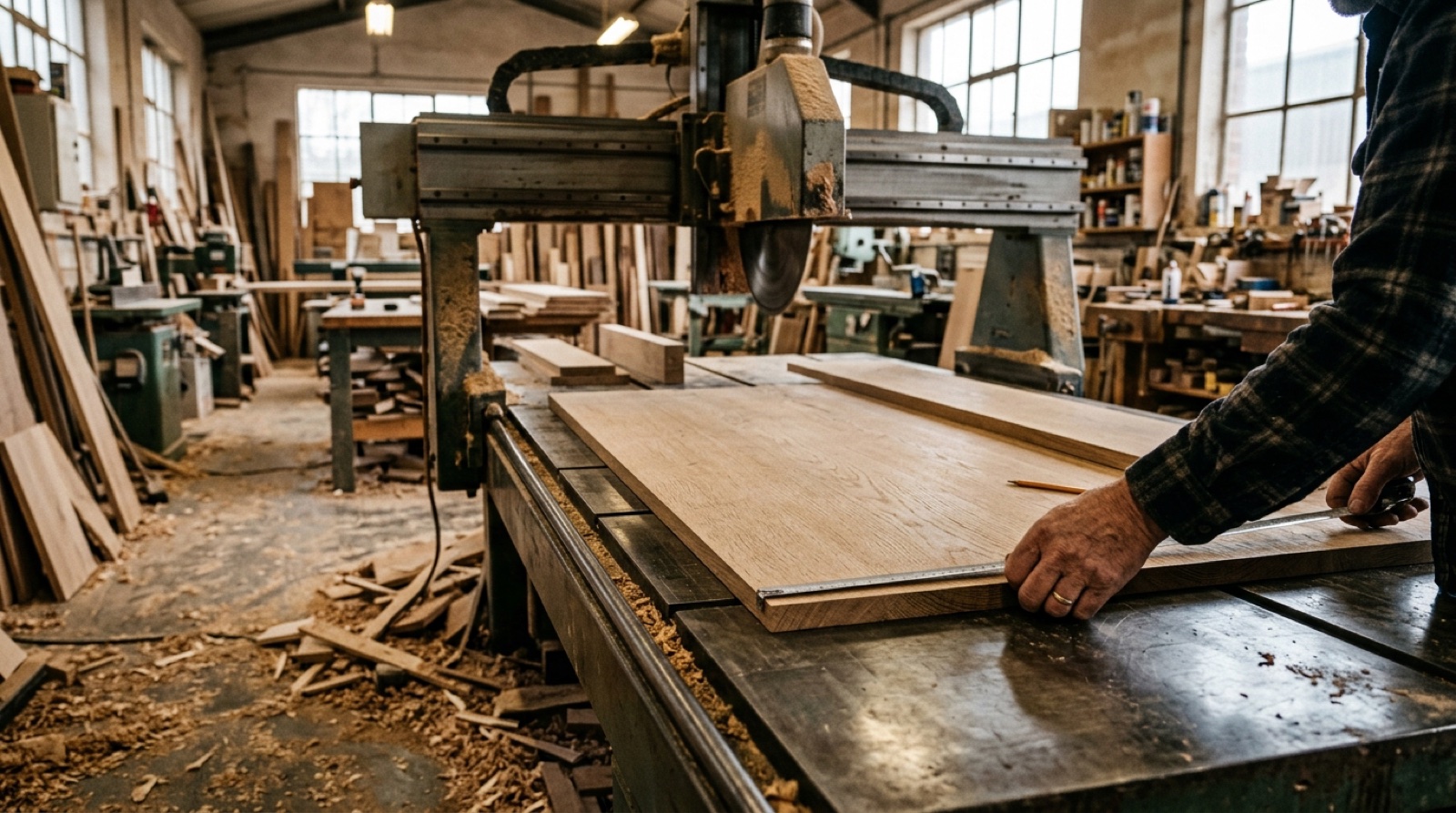 A joinery workshop, hands measuring an oak-veneered panel on the bed of a beam saw, offcuts and sawdust around the machine