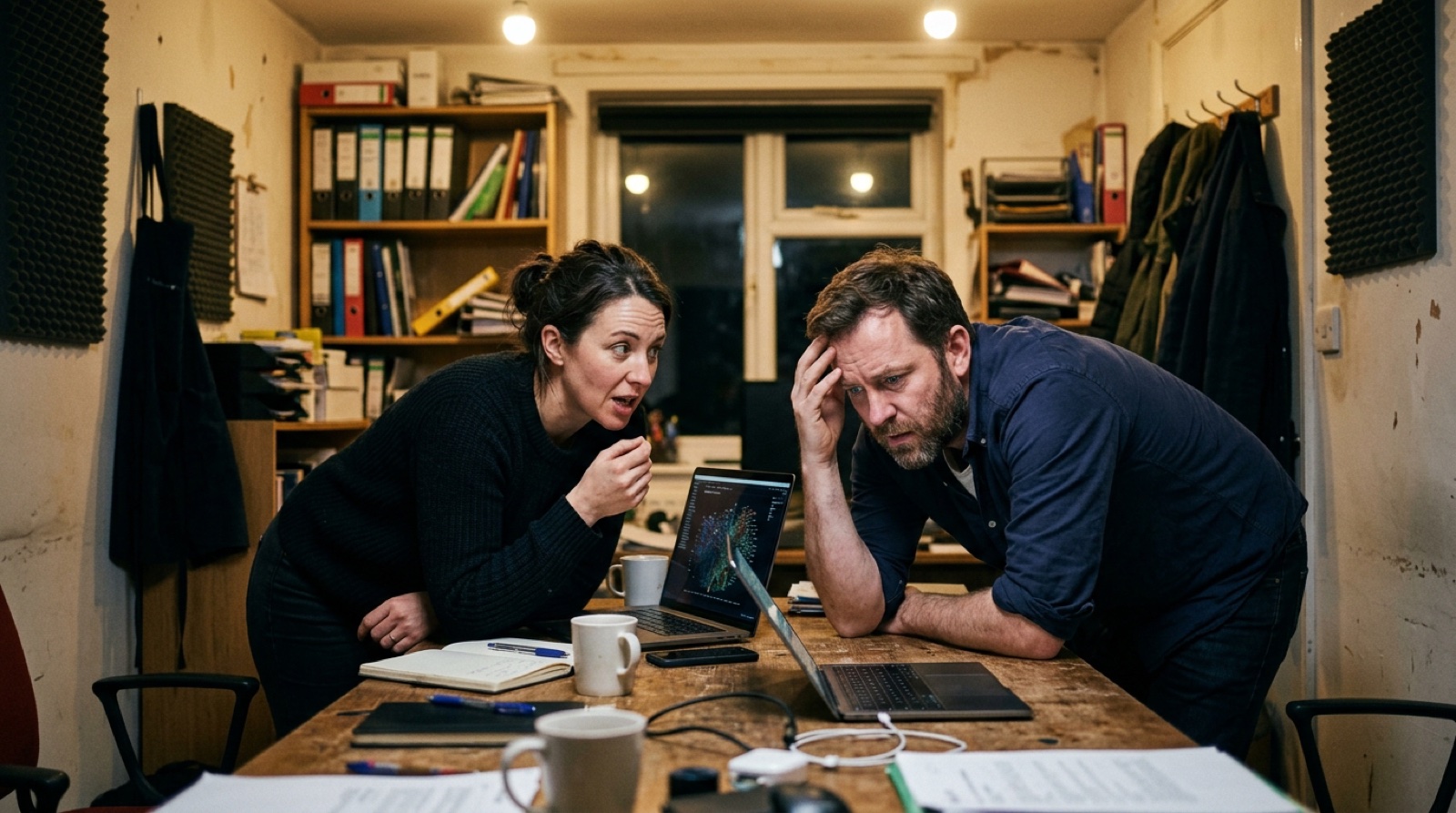 Two colleagues leaning over a laptop in a cramped meeting room, neither able to answer the question on the table