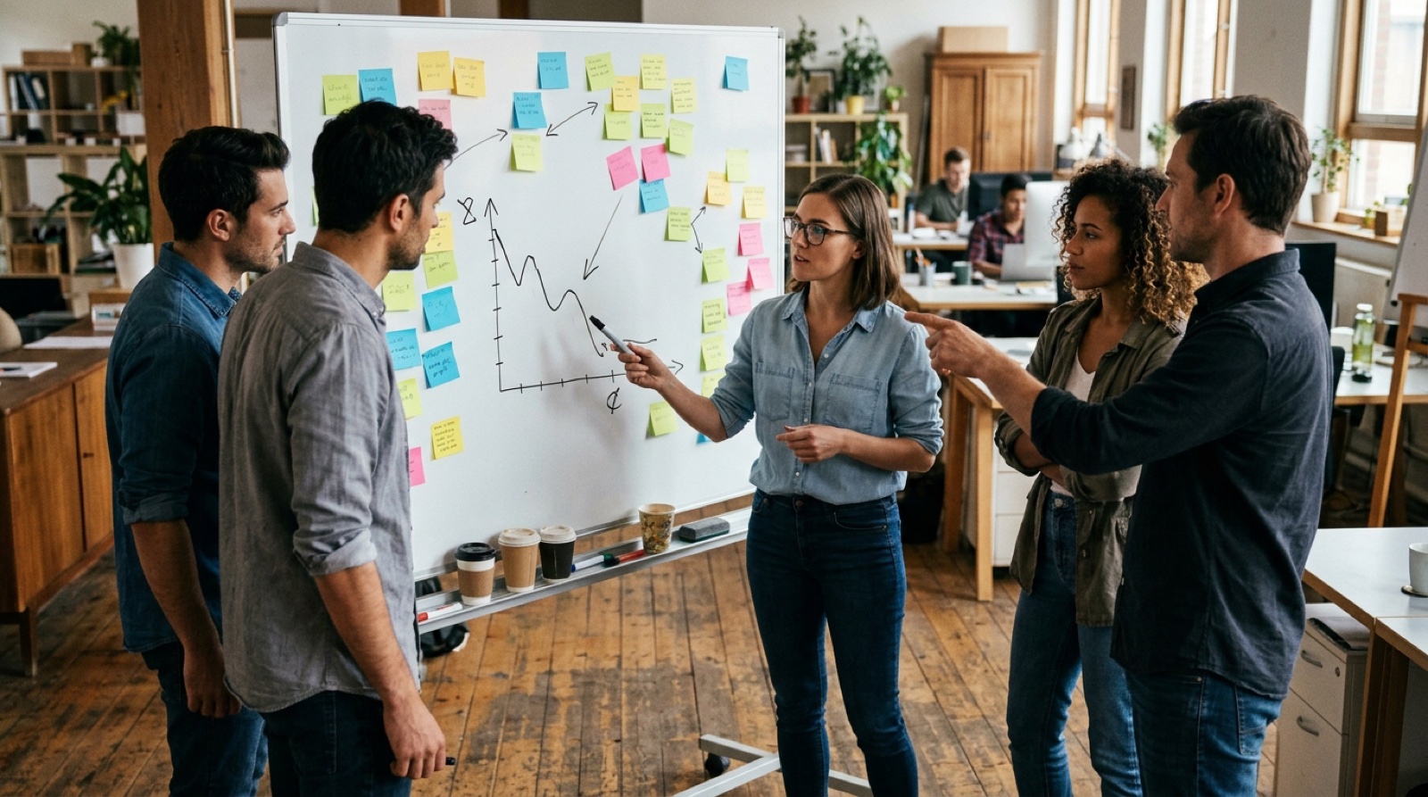 A product team at a whiteboard covered in sticky notes and a hand-drawn drop-off curve, coffee cups on the ledge
