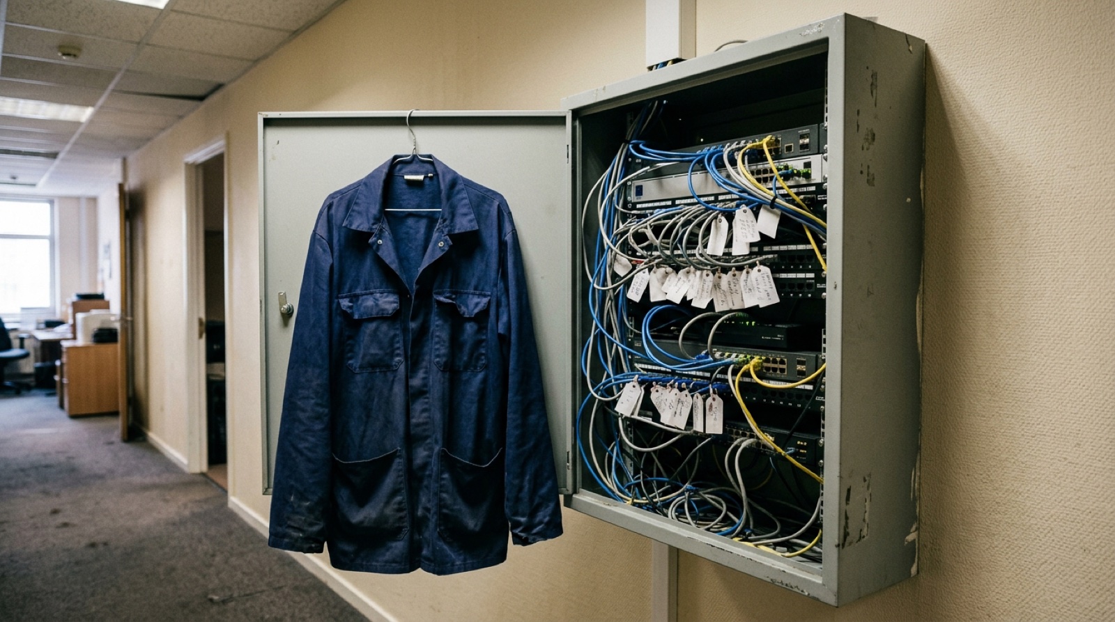 A half-open network cupboard in an office corridor, patch cables labelled by hand, a coat hanging on the door