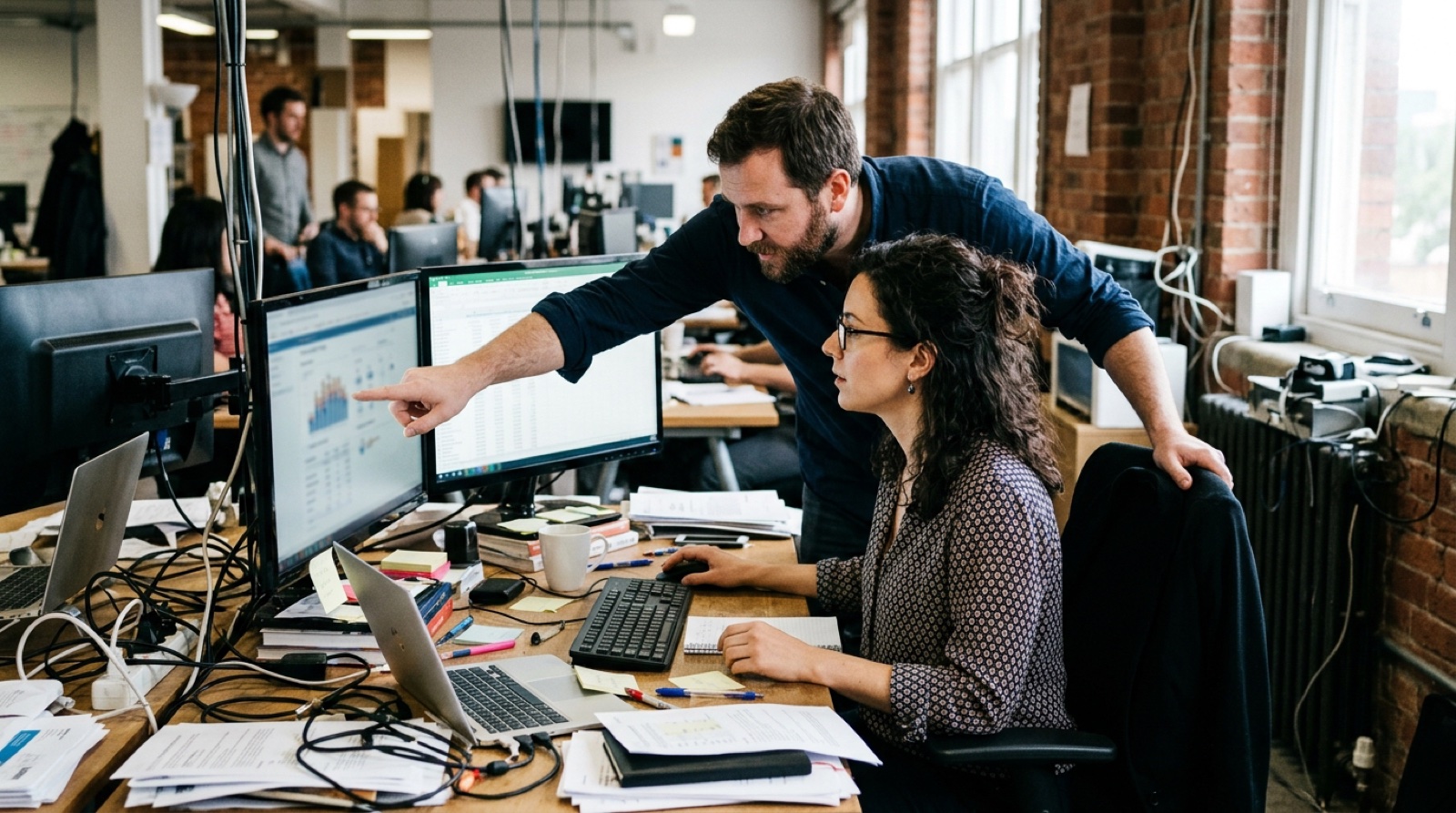 A data analyst at a cluttered desk with two monitors, a colleague leaning in over their shoulder pointing at a number on the screen