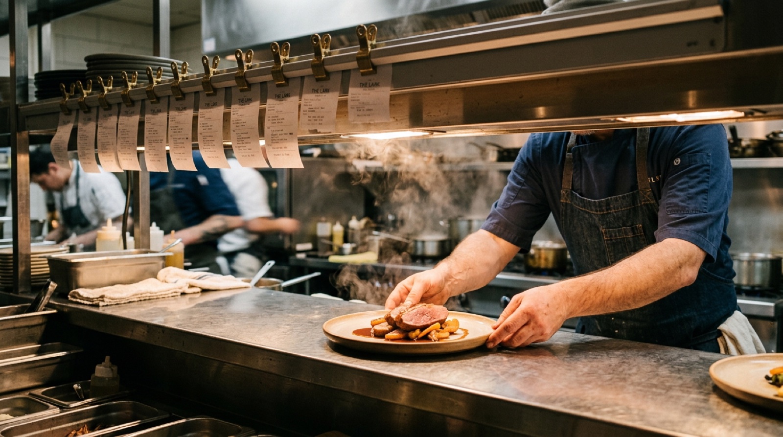A restaurant pass mid-service, chef's hands sliding a plate across, a row of tickets clipped above and steam catching the heat lamps