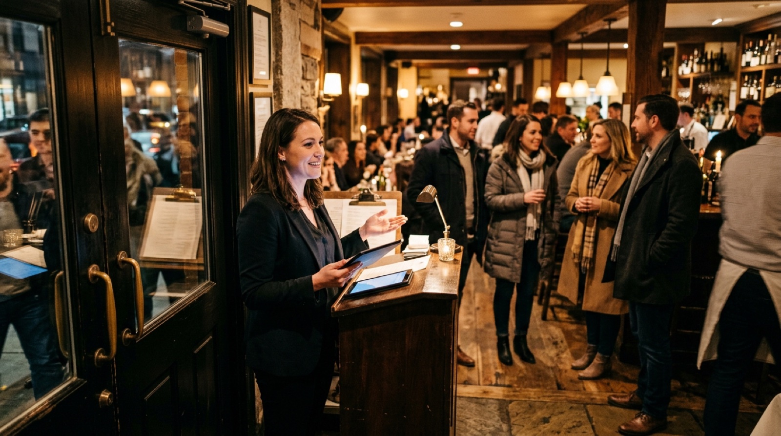 A host at a lectern by the door on a busy Saturday night, tablet in one hand, a party of guests waiting in coats behind them
