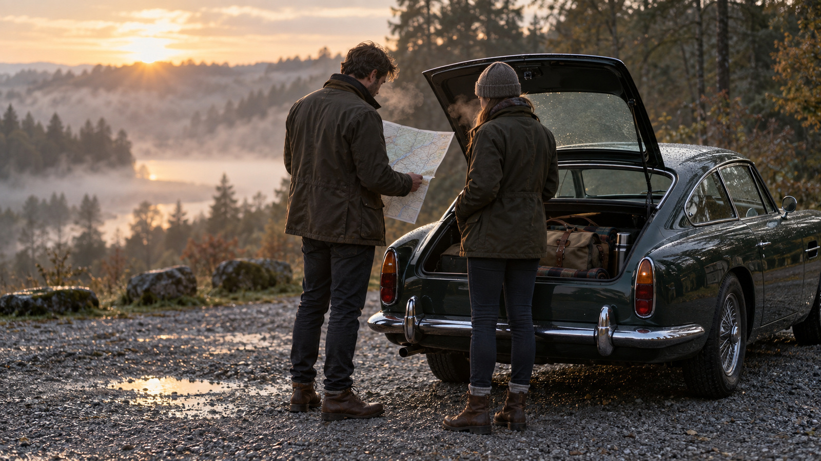 Classic cars parked on a gravel car park at dawn, drivers gathered around a bonnet over a paper map and a phone, mist in the trees
