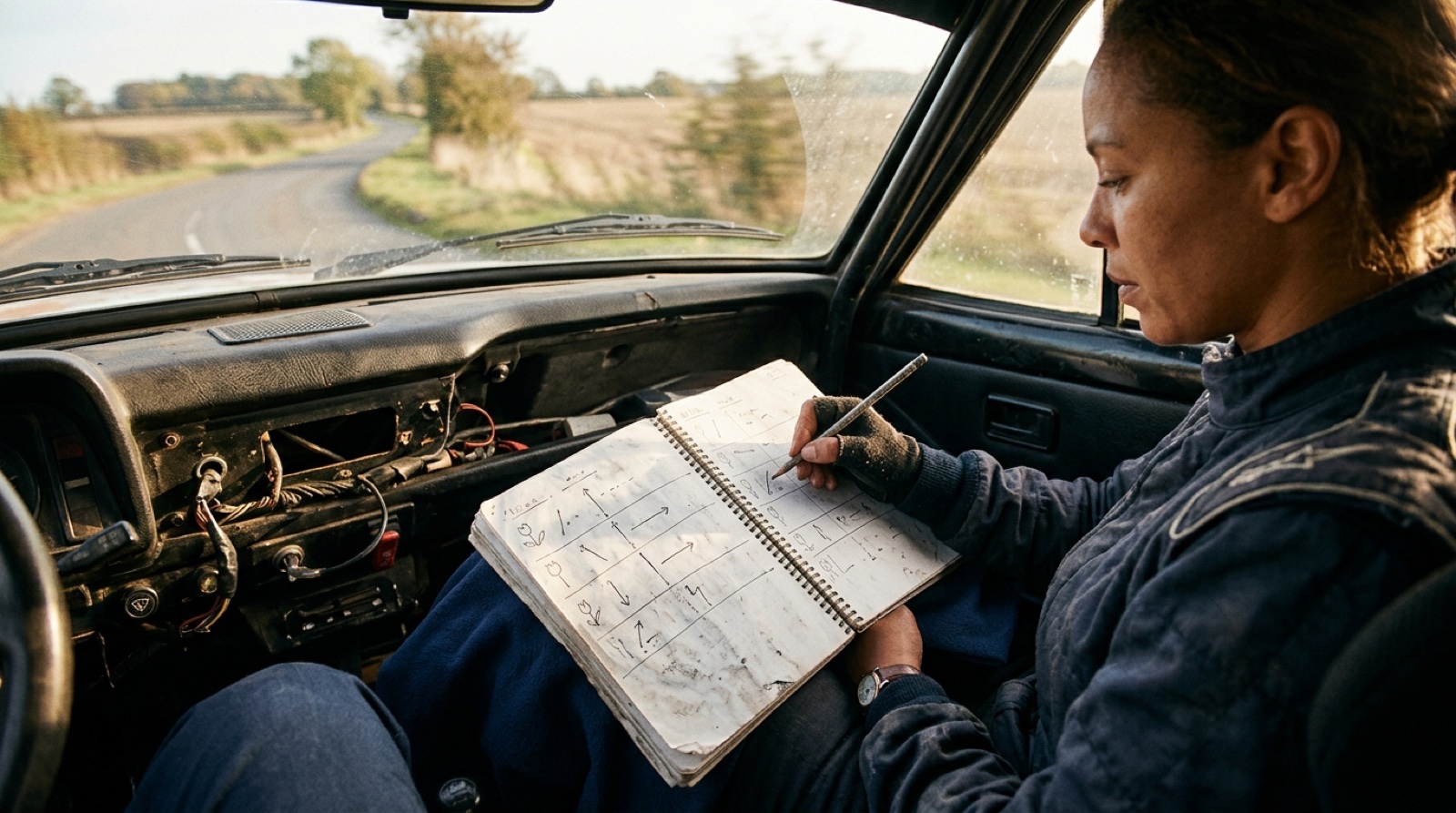 A printed roadbook open on a co-driver's knees in a moving car, one hand ticking a line with a pencil, sunlight across the dashboard