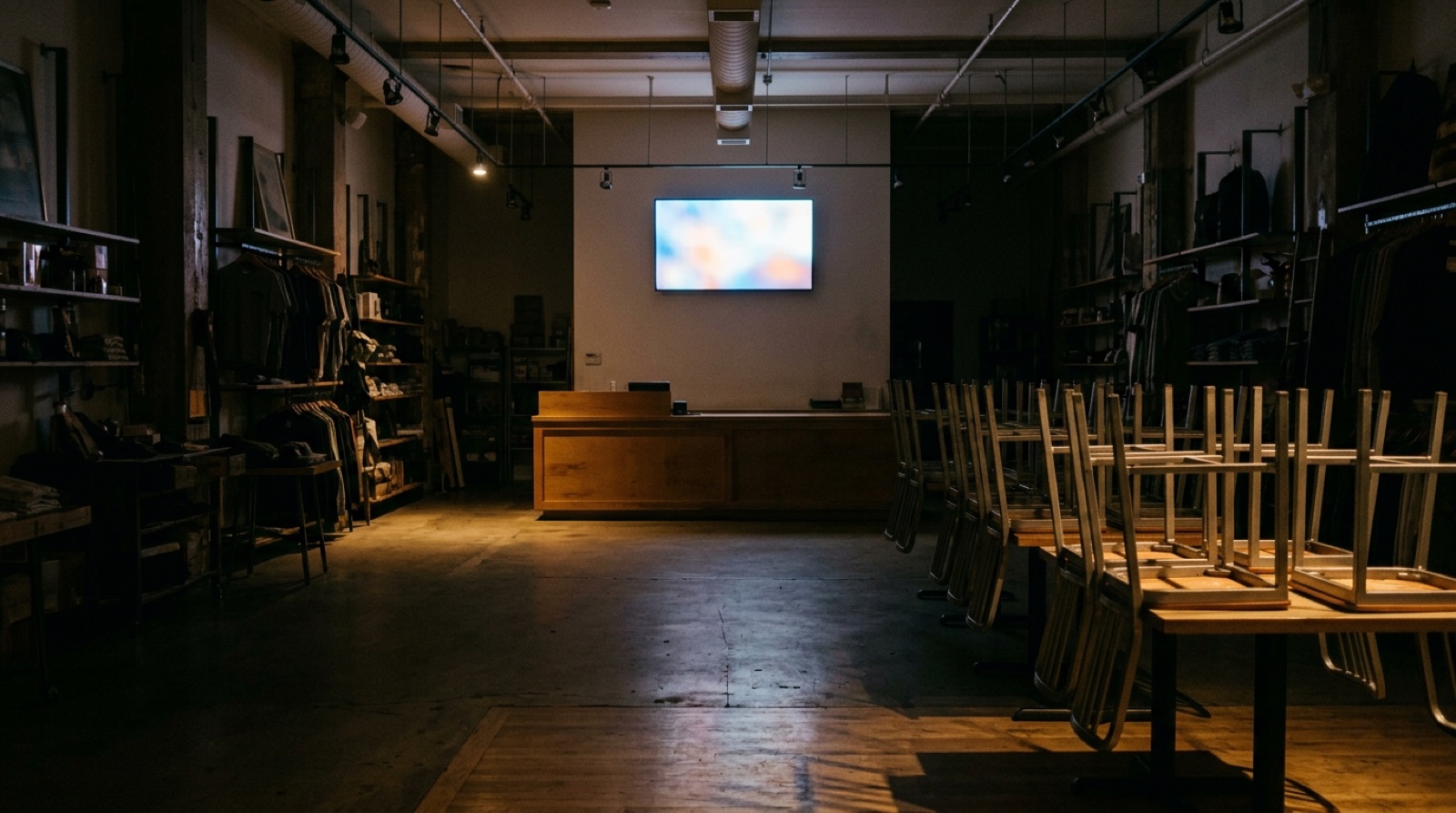 A shop floor after closing, chairs stacked and lights half down, a wall screen above the empty counter still lit