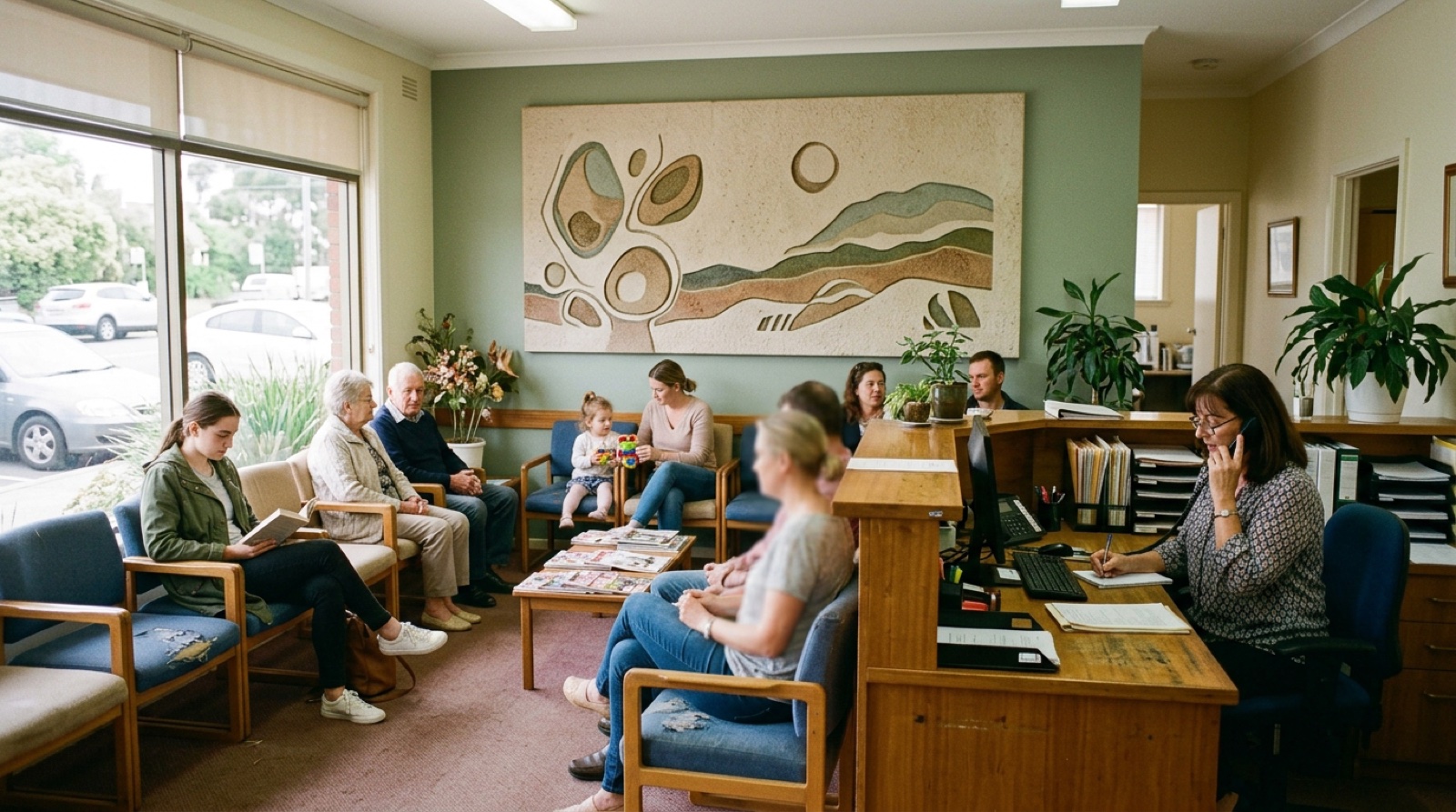 A morning waiting room in a local practice, the receptionist on the phone at the desk, a panel mounted on the wall above the seats