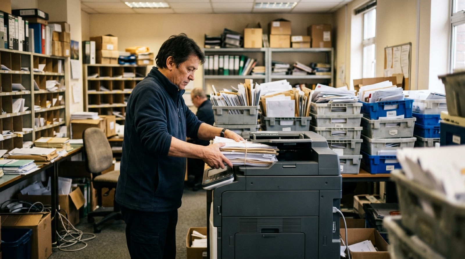 A cluttered office mail room where someone loads a thick stack of invoices into the feeder of a floor-standing scanner