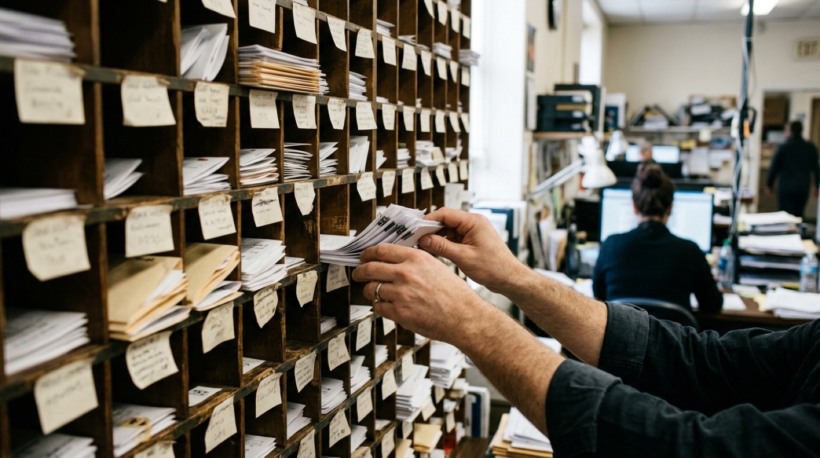 Hands sorting finished paperwork into a wall of labelled pigeonholes in a busy back office