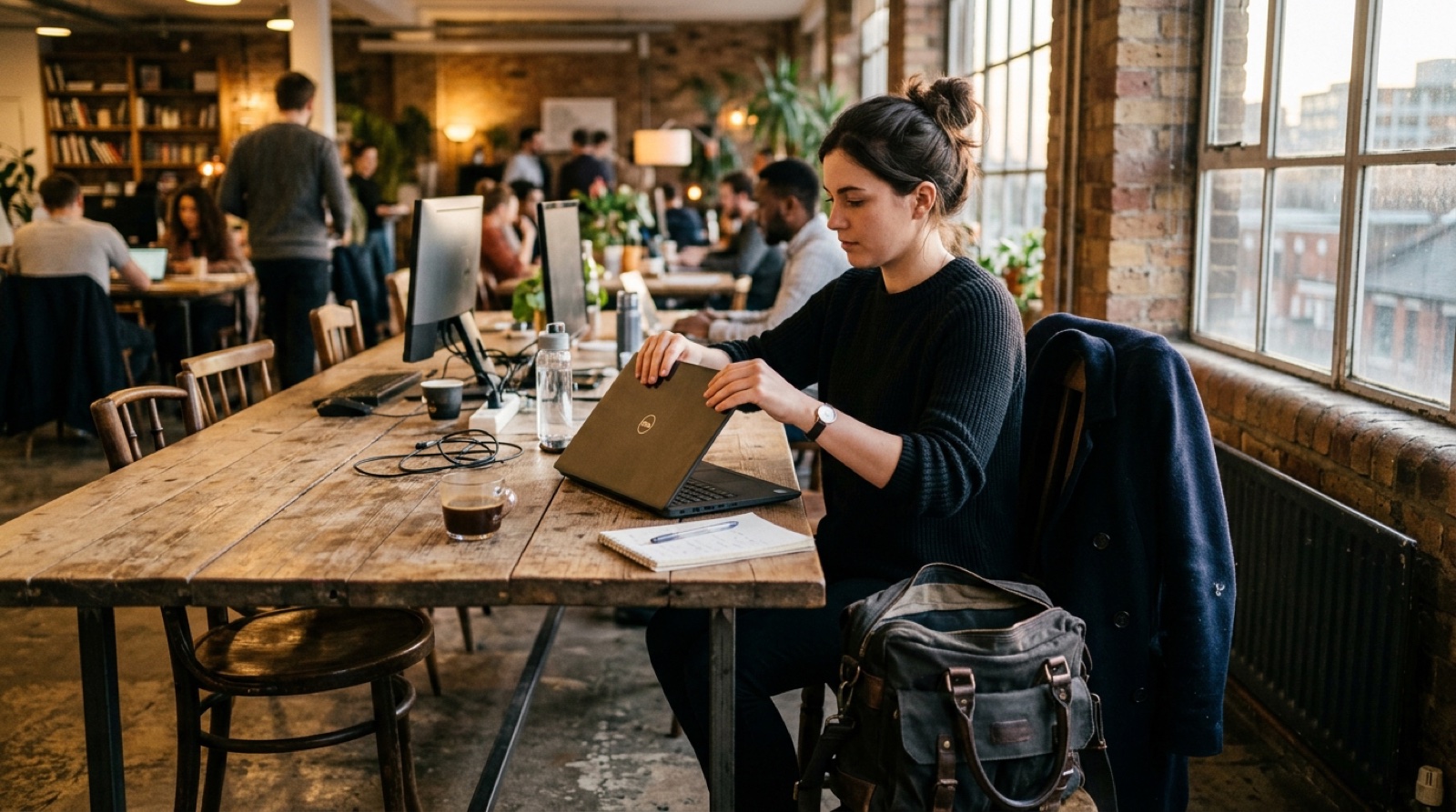 A hot-desk at the end of the afternoon: a laptop being folded shut mid-build, a coat over the chair back and a bag already packed on the floor