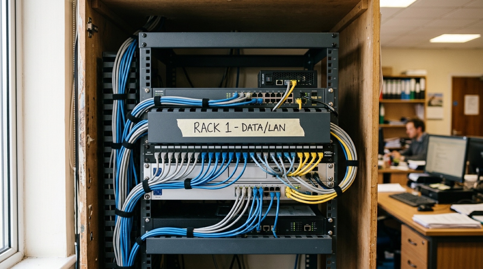 A small office server cupboard with a half-height rack, tidy cable runs and a strip of masking tape labelled in marker pen