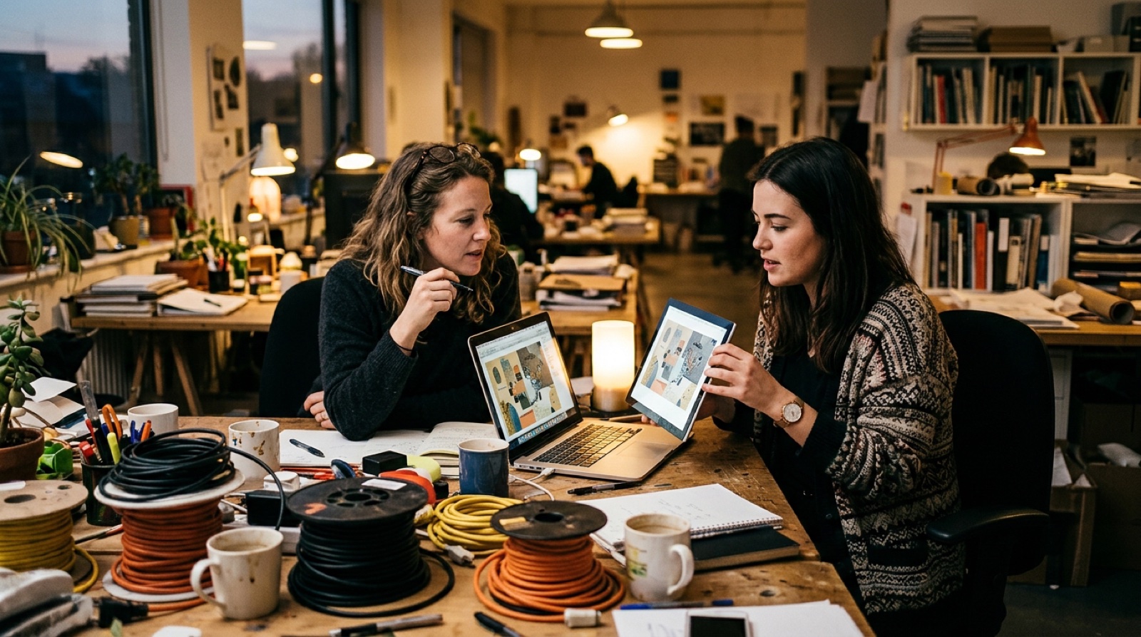 Two colleagues at a cluttered studio desk at dusk, one holding a small panel up next to a laptop screen showing the same layout, mugs and cable spools around them