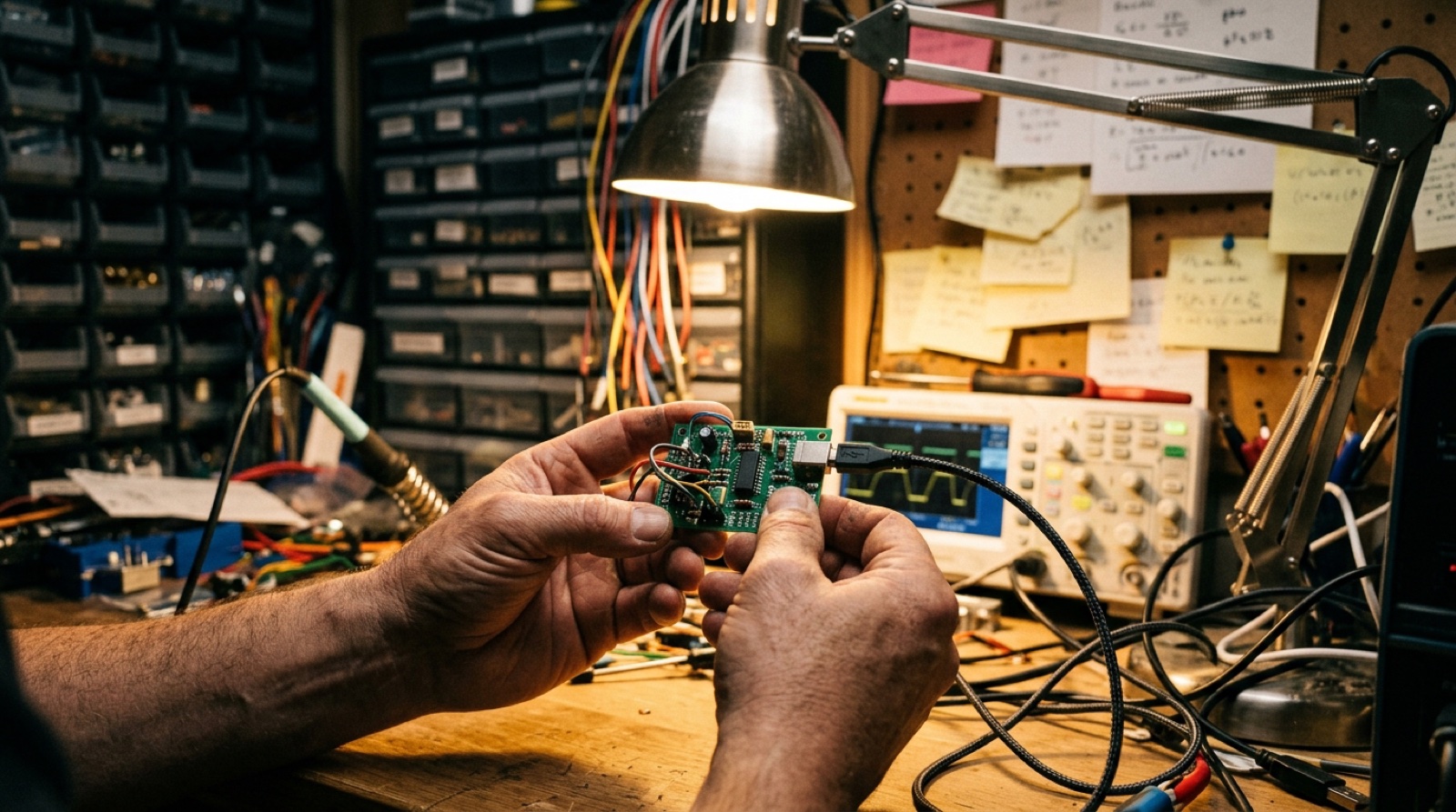 Hands holding a small board wired to a USB cable on a late-night electronics bench, task lamp on, parts bins and sticky notes behind