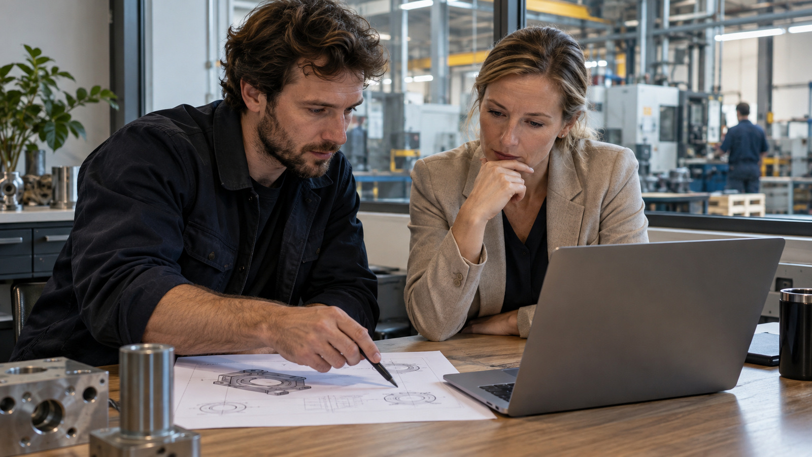 A developer and a client leaning over a laptop and a printed sheet at a factory office desk, the shop floor visible through the window behind them