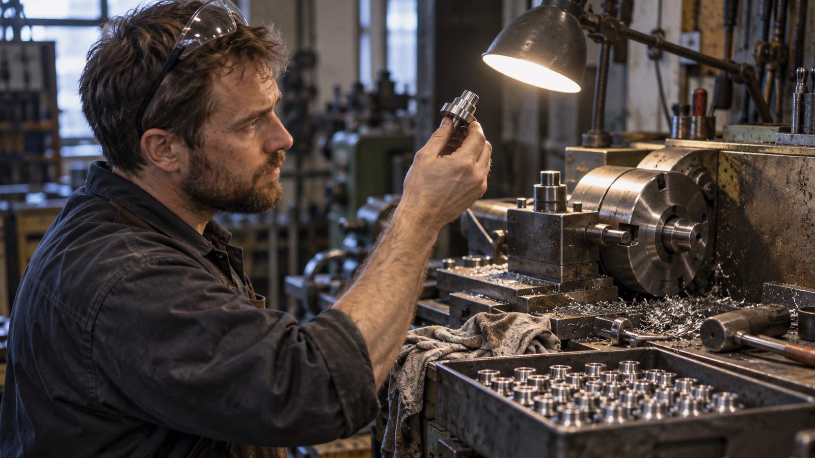 A workshop machine turning out identical parts while an operator holds one odd piece up to a work lamp, swarf and hand tools around the bed