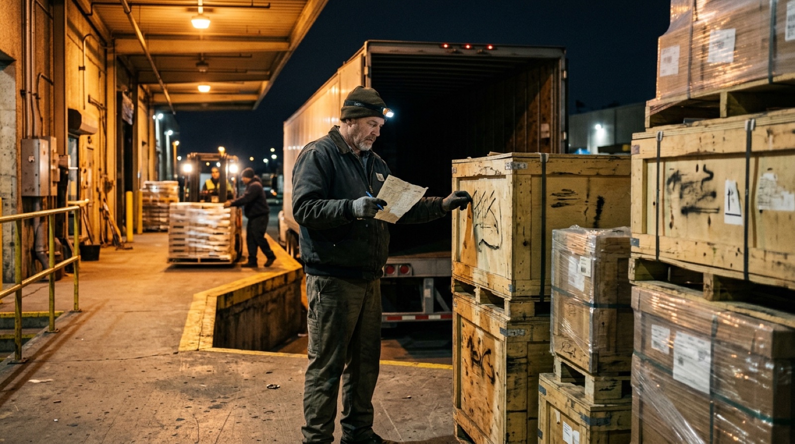 A loading dock at night under sodium light, a driver checking a paper docket against the labels on a stack of crates