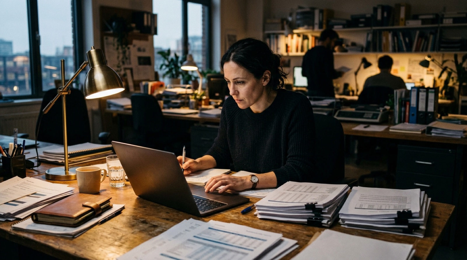 A planner late in the day at a cluttered desk in a dim office, scrolling records on a laptop with printouts stacked beside it