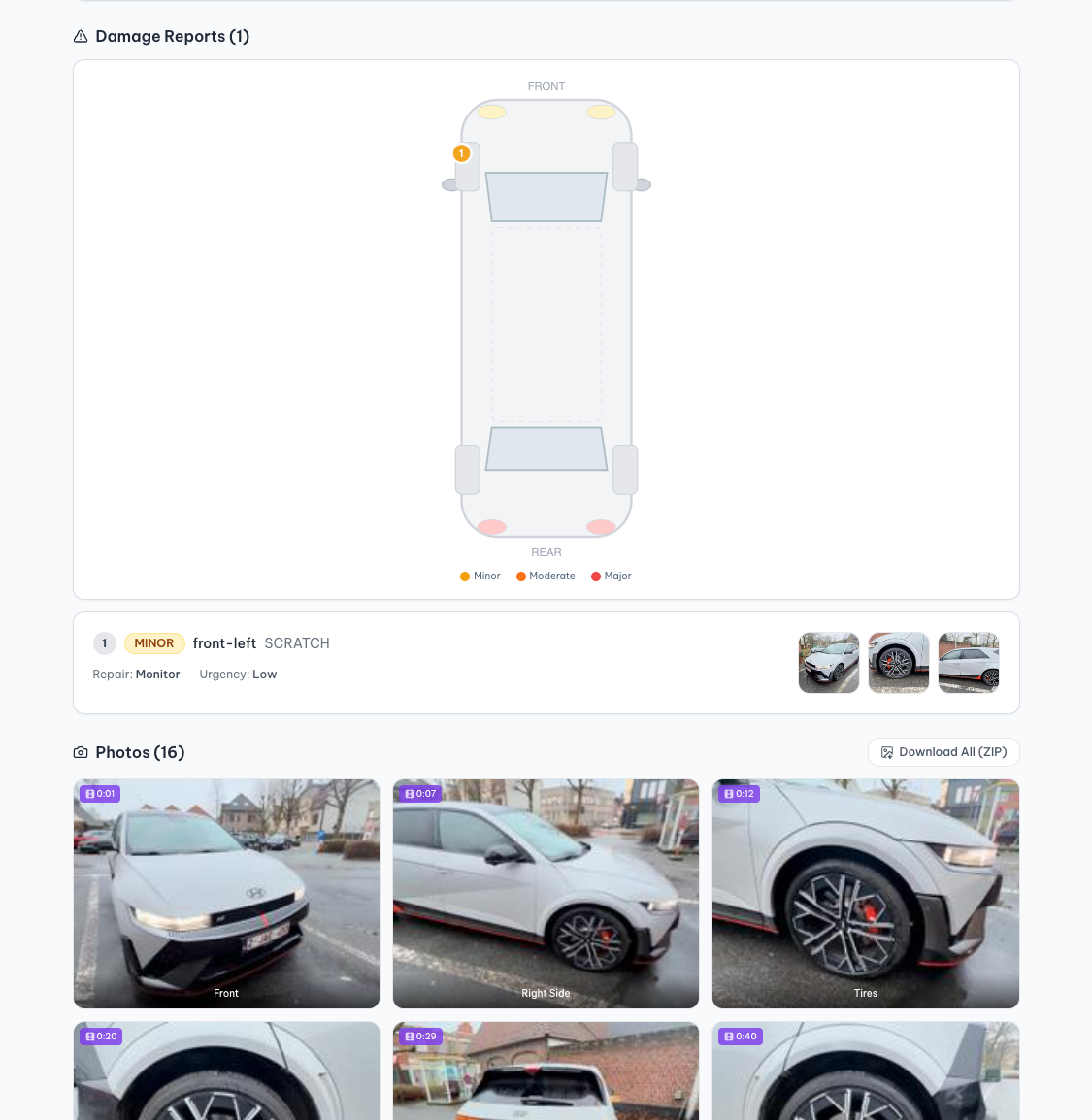 Real Konvoi inspection report showing condition score, vehicle status, and damage detection